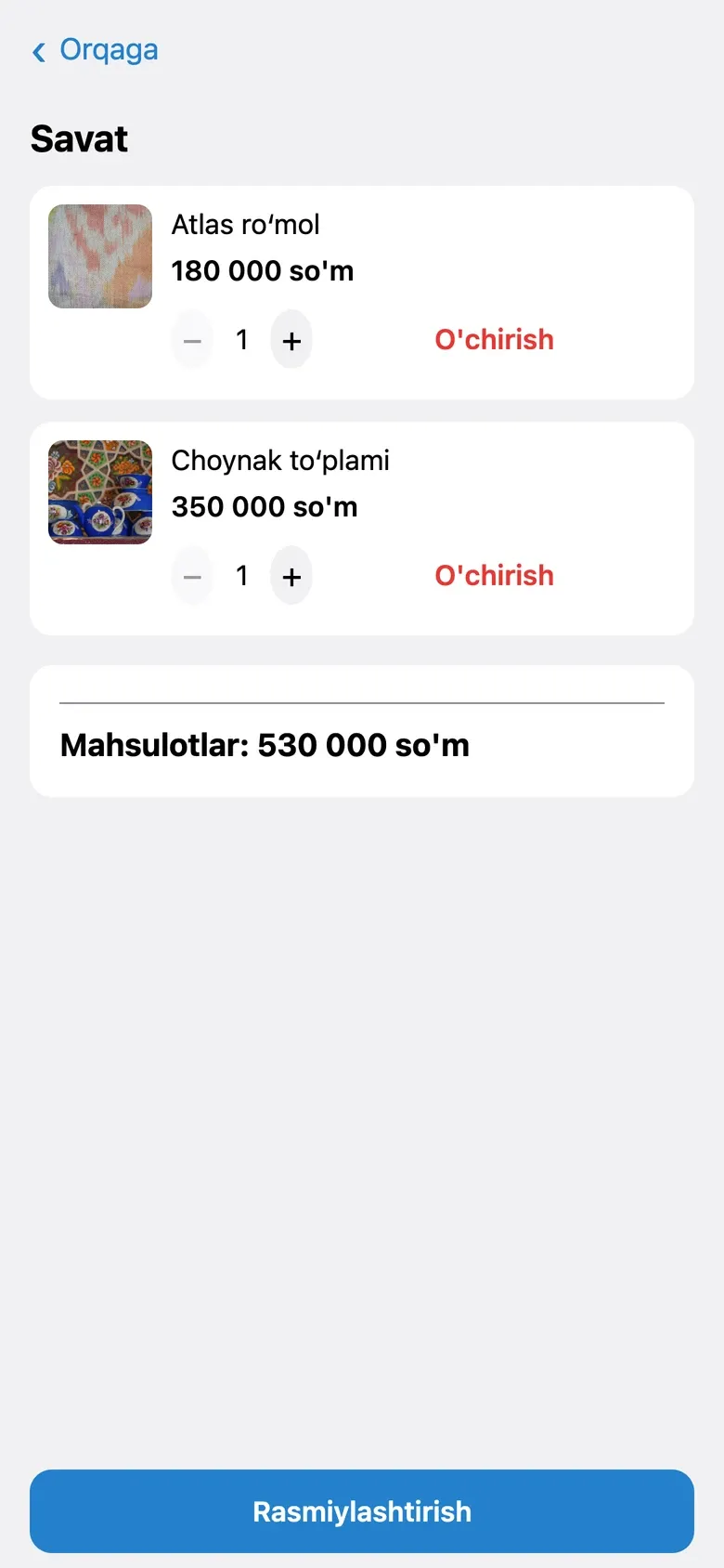 Mini Appʼdagi savat: ikki mahsulot, ularning soni va soʻmdagi jami summa