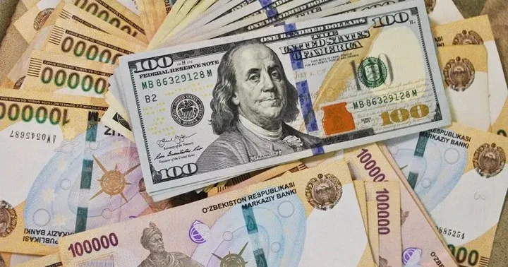 100 000 soʻmlik oʻzbek pullari ustidagi yuz dollarlik kupyuralar dastasi